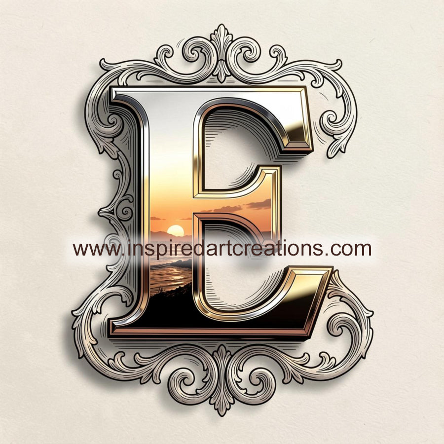 Elegant Letter E Sunset Monogram Vinyl Sticker | InspiredArtCreations
