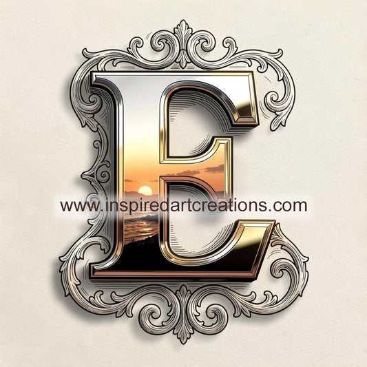 Elegant Letter E Sunset Monogram Vinyl Sticker | InspiredArtCreations