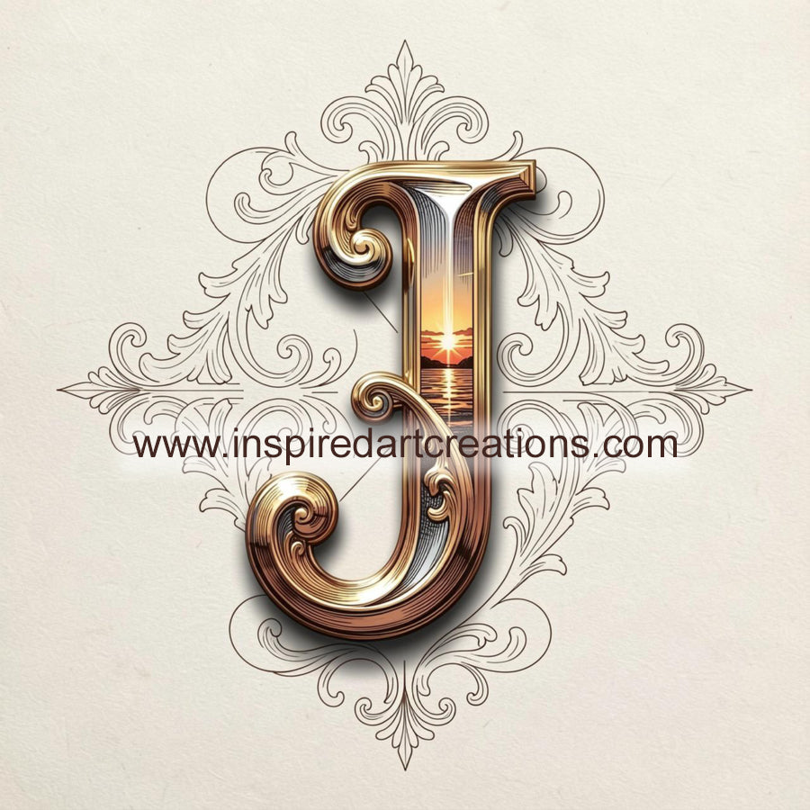Elegant Letter J Sunset Monogram Vinyl Sticker | InspiredArtCreations