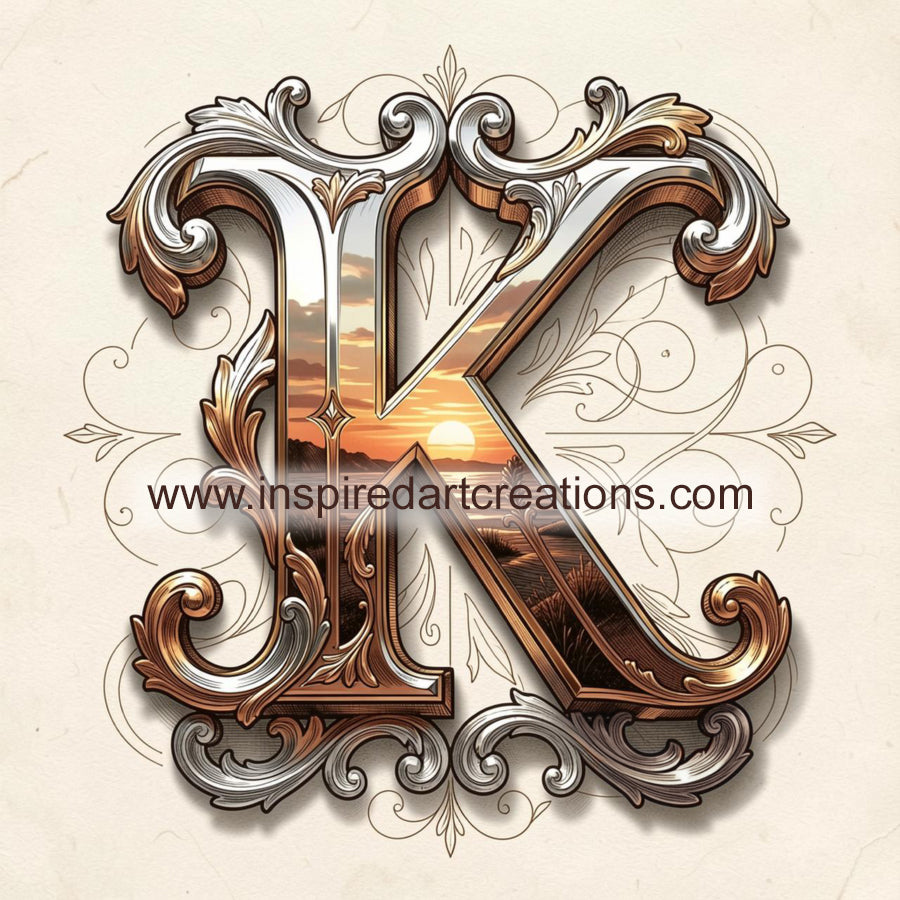Elegant Letter K Sunset Monogram Vinyl Sticker | InspiredArtCreations