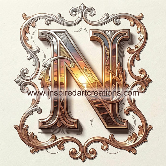 Elegant Letter N Sunset Monogram Vinyl Sticker | InspiredArtCreations