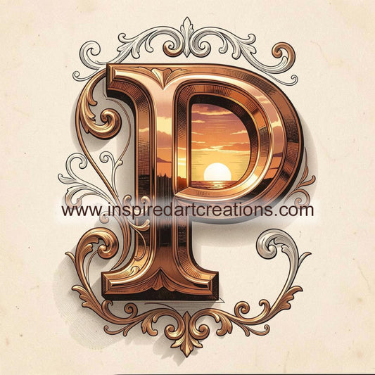 Elegant Letter P Sunset Monogram Vinyl Sticker | InspiredArtCreations