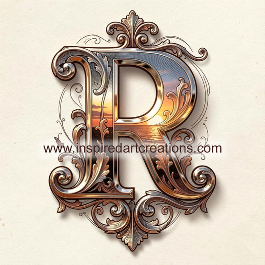 Elegant Letter R Sunset Monogram Vinyl Sticker | InspiredArtCreations