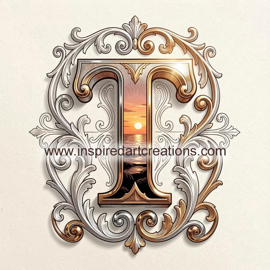 Elegant Letter T Sunset Monogram Vinyl Sticker | InspiredArtCreations