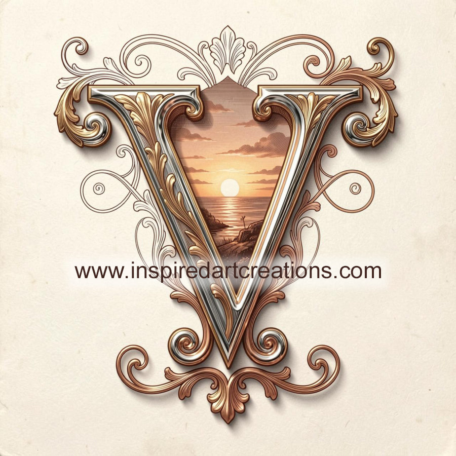 Elegant Letter V Sunset Monogram Vinyl Sticker | InspiredArtCreations