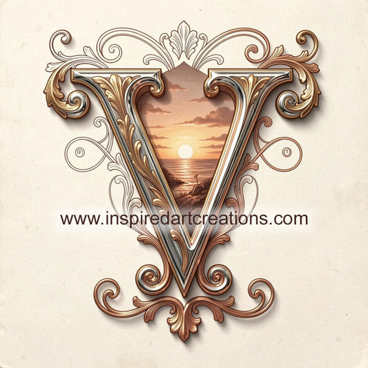 Elegant Letter V Sunset Monogram Vinyl Sticker | InspiredArtCreations