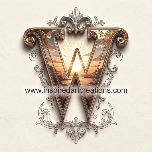 Elegant Letter W Sunset Monogram Vinyl Sticker | InspiredArtCreations